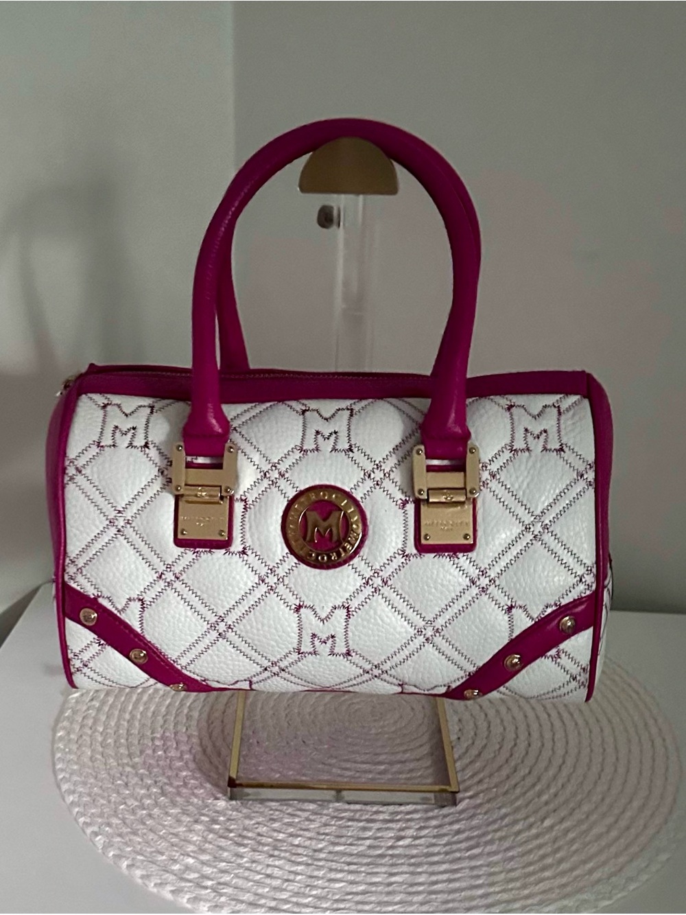 METROCITY White & Fuchsia Pink Quilted Satchel with Gold Hardware